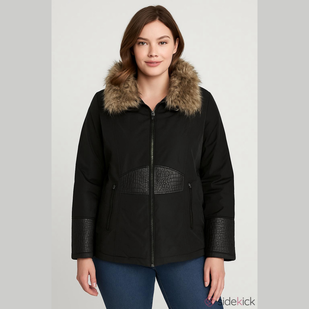 Danier Jacket with Genuine Leather Trim Removable Faux Fur Size Medium Black